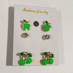 Gold Tone Green Apple, Cherries & Crystal Stud Earrings Set - Women's Jewelry